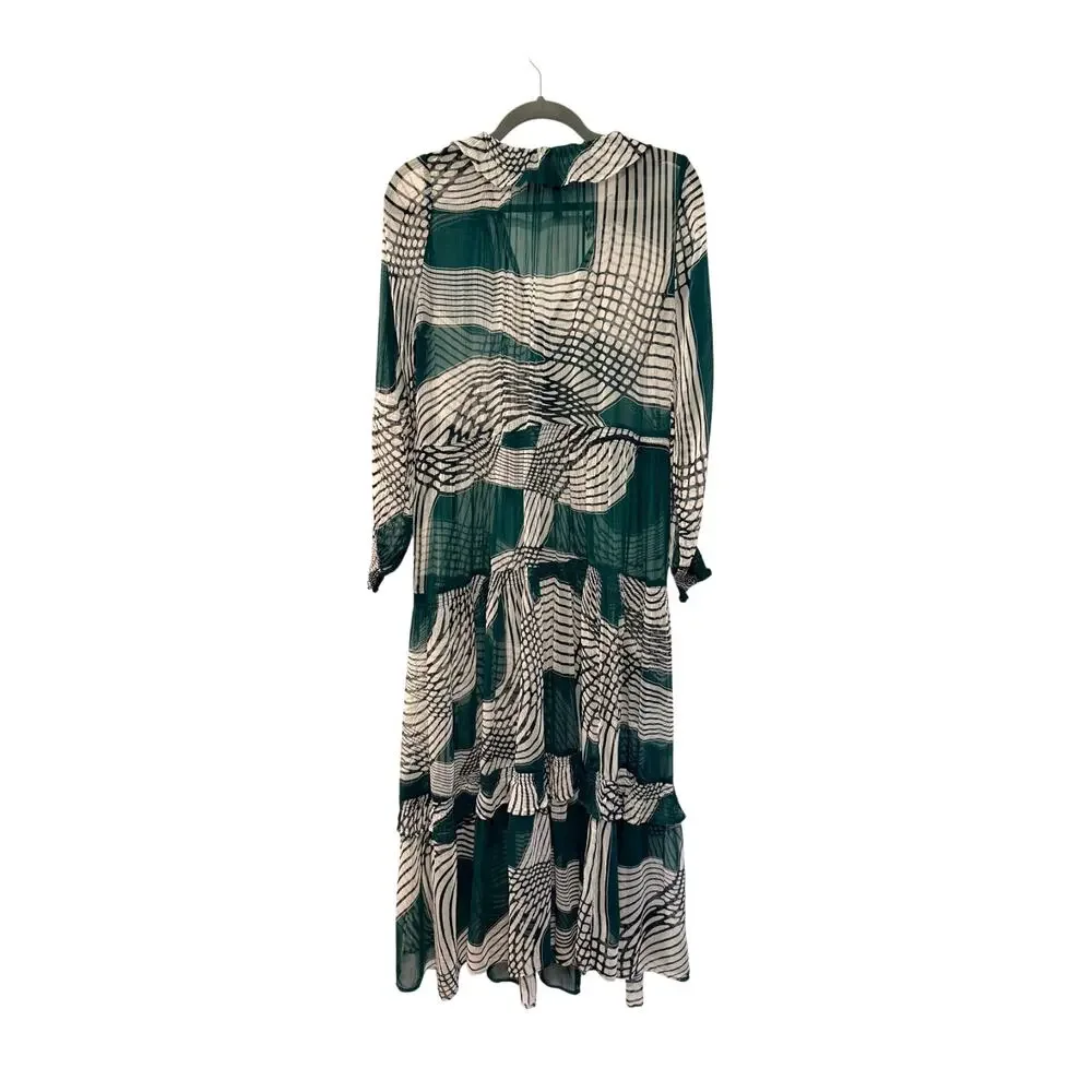 Anthropologie XS Marais Geometric Printed Sheer Chiffon Maxi Dress Boho Green - Picture 4 of 13